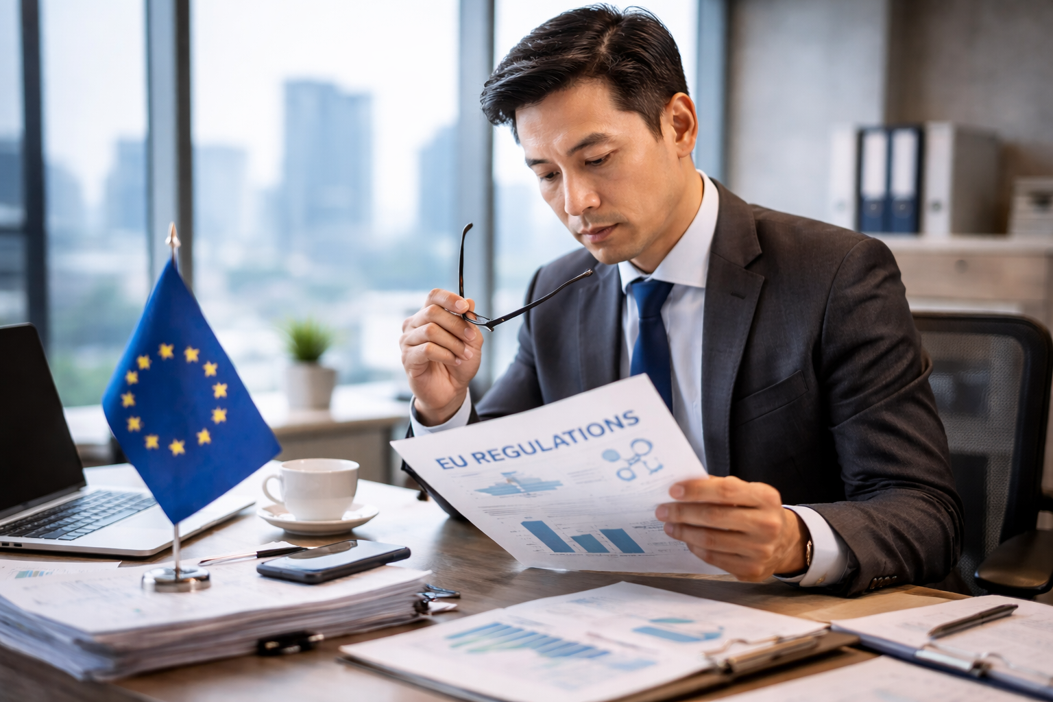 A businessman looking at EU Regulations